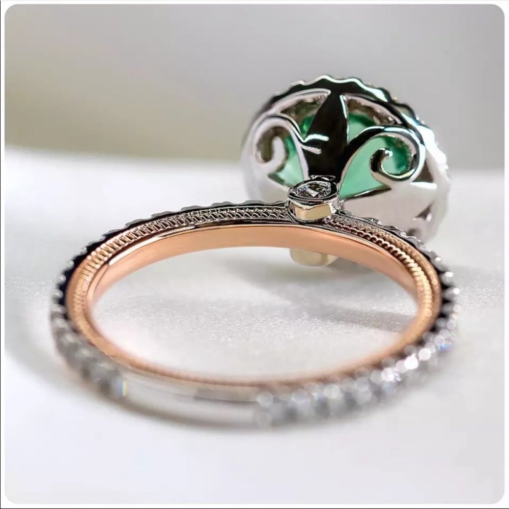 New Two Tone 925 Silver Women Emerald Round Ring - Picture 2 of 4